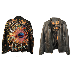 Black Italian Real Leather Jacket Hand Painted And Embroideries