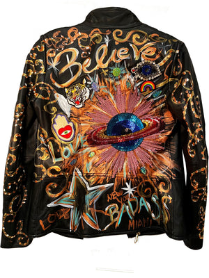 Black Italian Real Leather Jacket Hand Painted And Embroideries