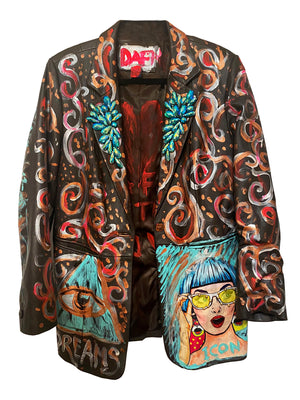 Dark Brown Leather Jacket Hand Painted And Embroideries