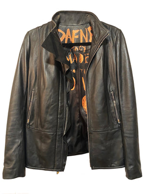 Black Italian Real Leather Jacket Hand Painted And Embroideries
