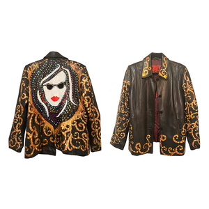 Dark Brown Real Leather Hand Painted And Embroideries Jacket
