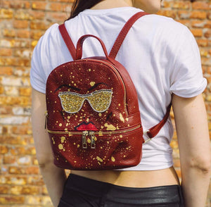 Italian Red Leather Little Backpack Hand Painted And Embroideries