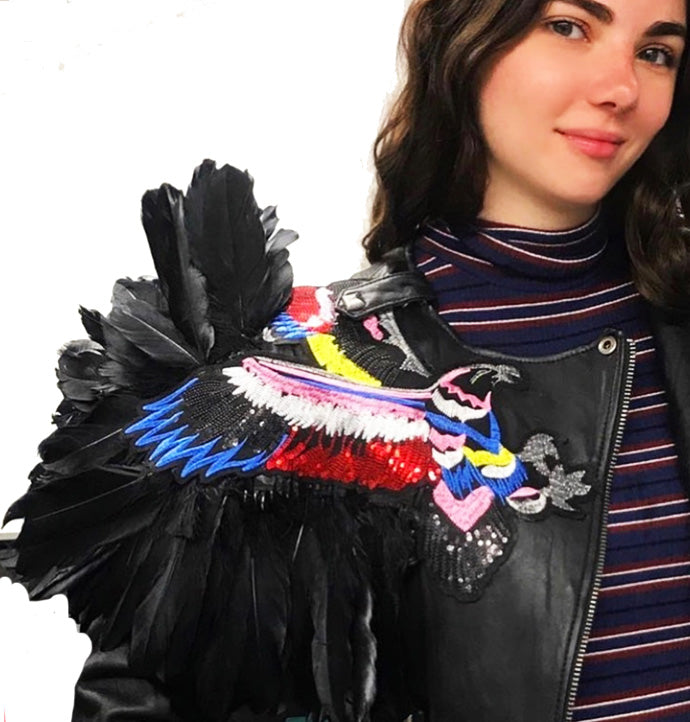 Black Leather Jacket Hand Painted Embroideries And Feathers
