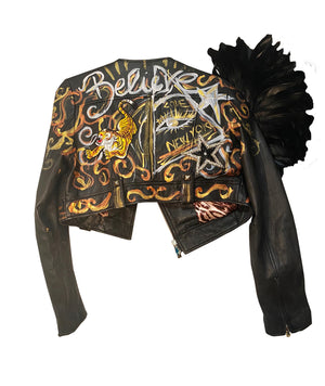 Black Leather Jacket Hand Painted Embroideries And Feathers